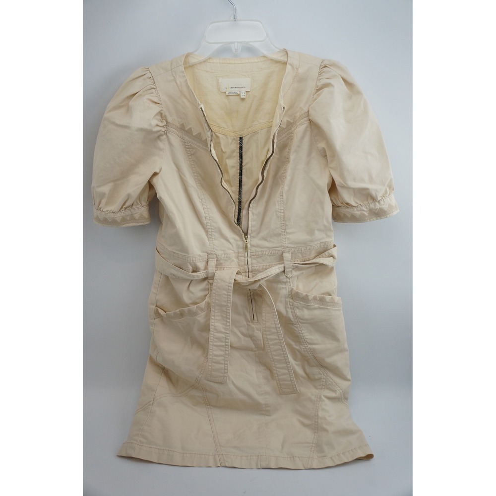 Anthropologie Dress Size 2 Cream Puff Sleeve Zip Front Belted Utility Mini EUC